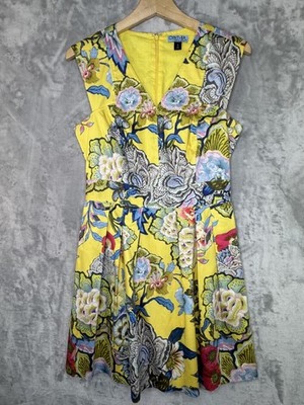 Cynthia Rowley Dress Womens 4 Yellow Floral Fit & Flare Sleeveless V Neck Mini